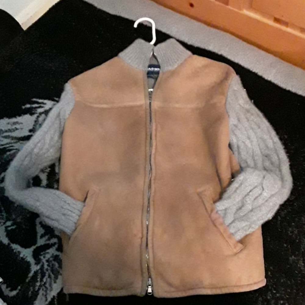 brown leather wool sleeved jacket